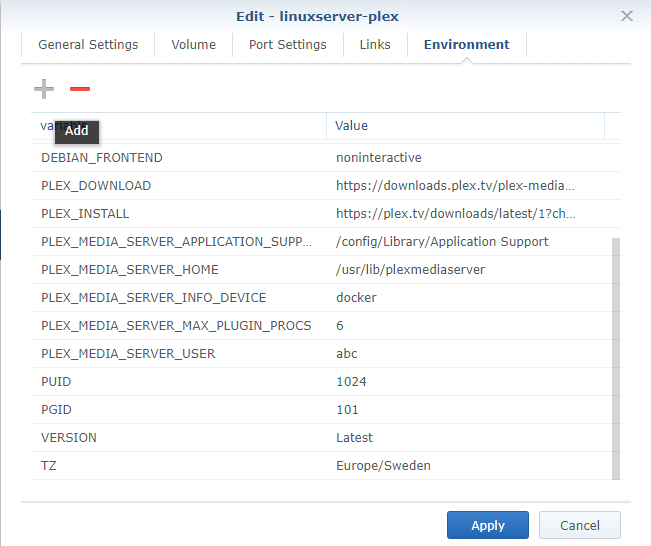 Docker environmnet settings screenshot